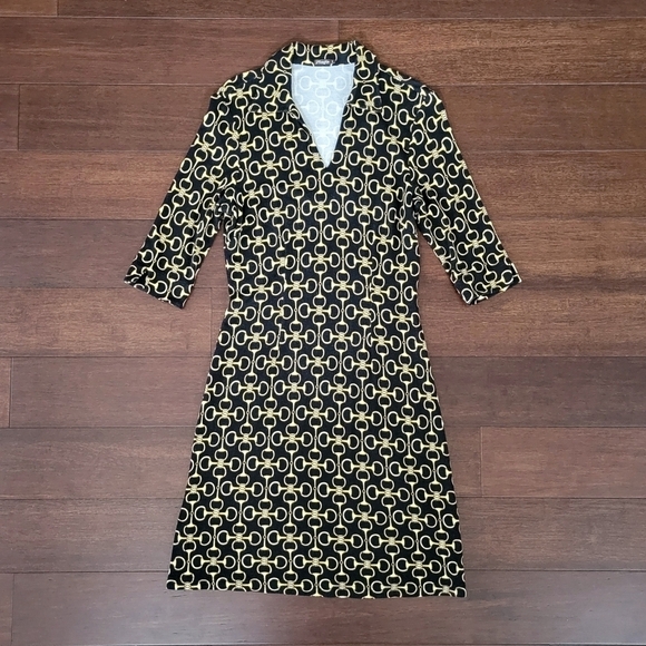 J. McLaughlin Black & Gold Horse Bit Pattern Jersey Knit 3/4 Sleeve Dress Size S - Picture 7 of 9
